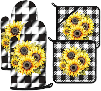 Sunflower Oven Mitts and Pot Holders Sets Heat Resistant 4Pcs Black White Buffalo Plaid Potholders Oven Gloves Hot Pads for Kitchen Baking Cooking Grilling BBQ