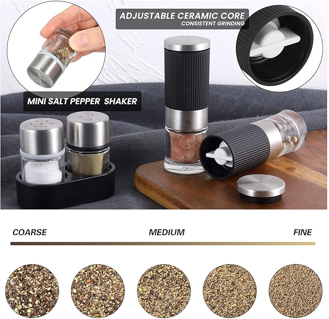 VEVOK CHEF Mini Salt and Pepper Grinder set with 2 Small Salt and Pepper Shakers Portable Cute Tiny Spice Grinder Pepper Mill Salt Grinder for Travel, Work, Camping, Party, School, Lunch Box