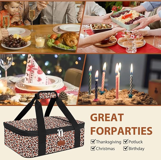 Insulated Casserole Carrier Bag, Expandable Thermal Food Carrier Insulated Travel Carry Bag for Hot or Cold Food for Picnic Cookouts Potluck Parties Fits 9" x 13" Baking Dish (Leopard)