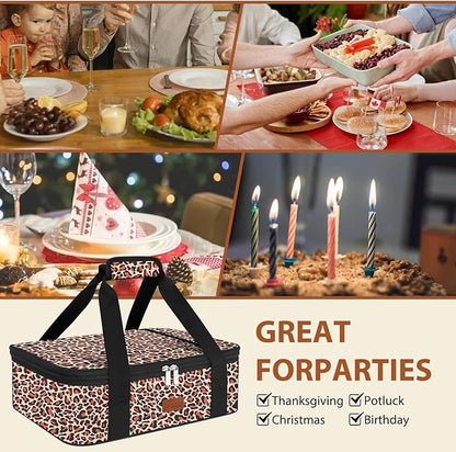 Insulated Casserole Carrier Bag, Expandable Thermal Food Carrier Insulated Travel Carry Bag for Hot or Cold Food for Picnic Cookouts Potluck Parties Fits 9" x 13" Baking Dish (Leopard)