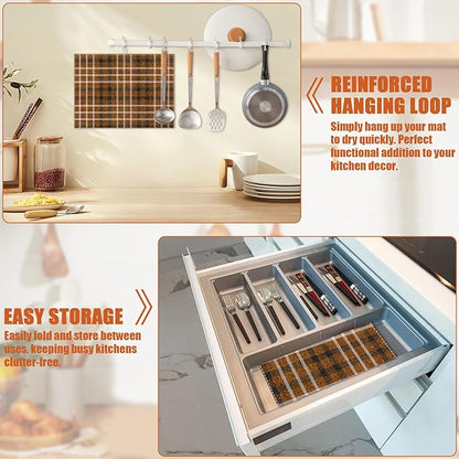 Brown Plaid Dish Drying Mat for Kitchen Counter Microfiber Absorbent Dish Kitchen Drying Mat Draining Reusable Washable for Dishes/Utensils/Counterto