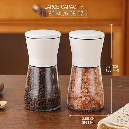 DAVIMADE White Salt and Pepper Grinder Set of 2,Manual Refillable Adjustable Ceramic Grinders, Stainless Steel Salt and Pepper Shakers,Short Glass Body W/Funnel