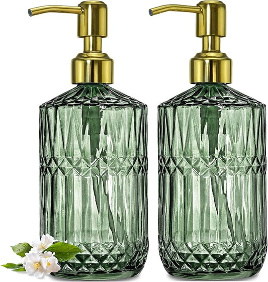 JASAI 2Pack 18Oz Green Glass Soap Dispenser with Gold Rust Proof Pump, Refillable Dish Soap Dispenser for Kitchen, Bathroom Soap Dispenser for Hand soap, Lotion, Body Wash, Dish Soap. by JASAIHOME