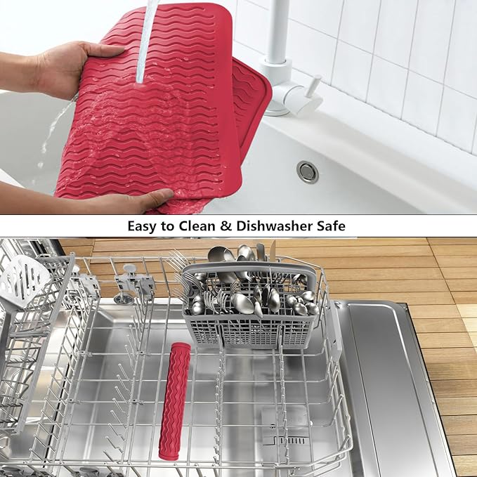 ZLR Silicone Dish Drying Mat 12" x 12" Square - Small Heat Resistant Trivet & Countertop Protector for Air Fryer, Coffee Maker - Waterproof Kitchen Drain Pad for Cups, Fruit (Lava Red) - Image 8