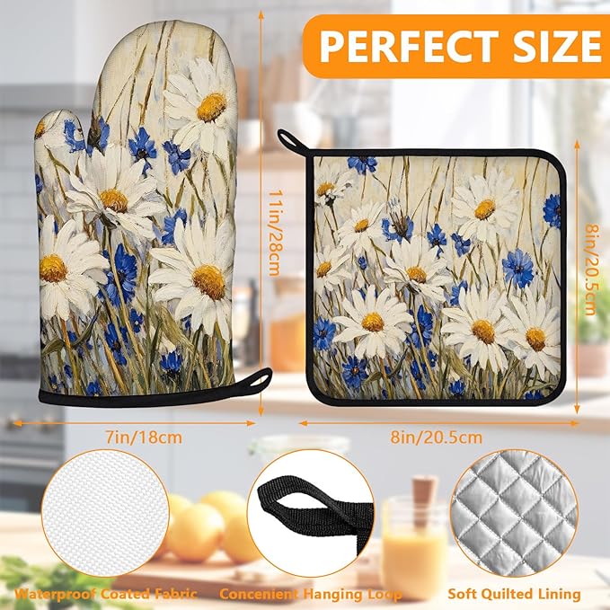 Daisy Flowers Oven Mitts and Pot Holders Sets 4Pcs,Extra Long Oven Gloves Potholder for Kitchen Cooking Baking BBQ 100% Cotton Heat Resistant - Image 2