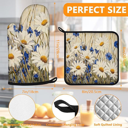 Daisy Flowers Oven Mitts and Pot Holders Sets 4Pcs,Extra Long Oven Gloves Potholder for Kitchen Cooking Baking BBQ 100% Cotton Heat Resistant - Image 2