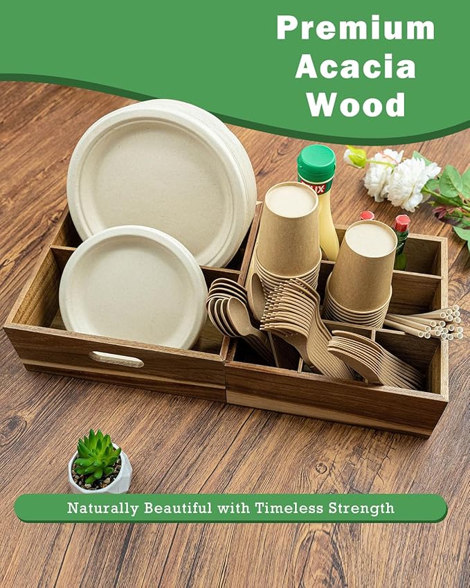 Acacia Wood Utensil Holder for Party (Set of 2) - 11" x 9.5" Utensil Caddy for Parties & Silverware Caddy for Countertop - Holds Plates, Napkins, Cups, Spoons, Forks - Kitchen Accessories - Image 7
