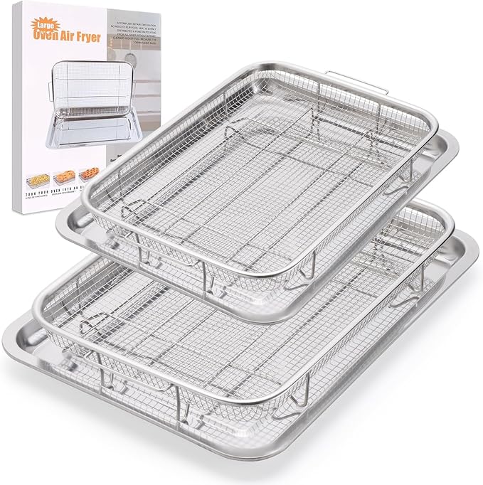 Air Fryer Basket for Oven, 2 Pack Large Air Fryer Basket and Tray Stainless Steel Oven Air Fryer Accessories Pan Rack for Cooking Baking and Broiling, 18.7"x12.8"15.7"x11.8"