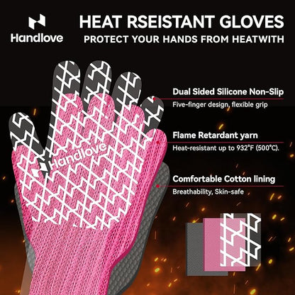 HandLove Aramid Heat Resistant BBQ Gloves – Grilling & Oven Gloves with Fingers, Silicone Grip & Long Cuffs for Cooking, Baking, and Outdoor Barbecue – Pink, Small