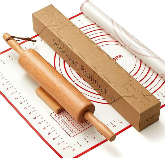 Classic Wood Rolling Pin - Wooden Rolling Pins for Baking Silicone Mat Set, Dough Roller with Wood Base, Fondant Roller for Pie Crust Cookies Pizza Dough and Bread, 17 Inch by ESDOPA