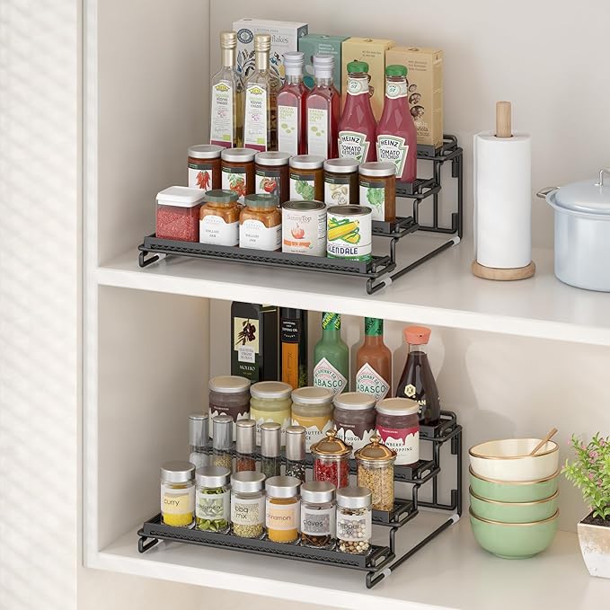 4 Tier Spice Rack Organizer for Cabinet - Black (2 Pack) | Spice Holder Shelf with Protection Railing for Inside Cabinets, Countertop, Pantry Storage & Seasoning Organization - Image 3
