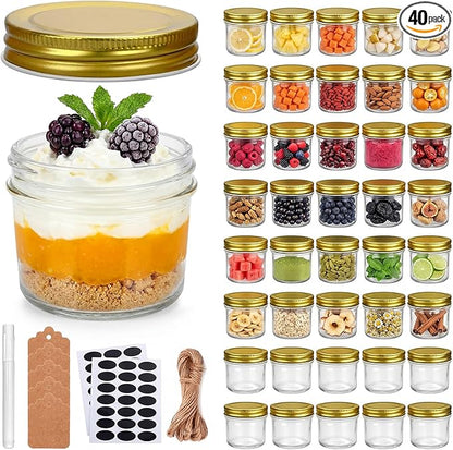 QAPPDA 4oz Glass Jars With Lids,Small Mason Jars Wide Mouth,Mini Canning Jars With Gold Lids For Honey,Jam,Jelly,Wedding Favor,Shower Favors,Spice Jars For Kitchen Storage & Home,Set of 40 by QAPPDA