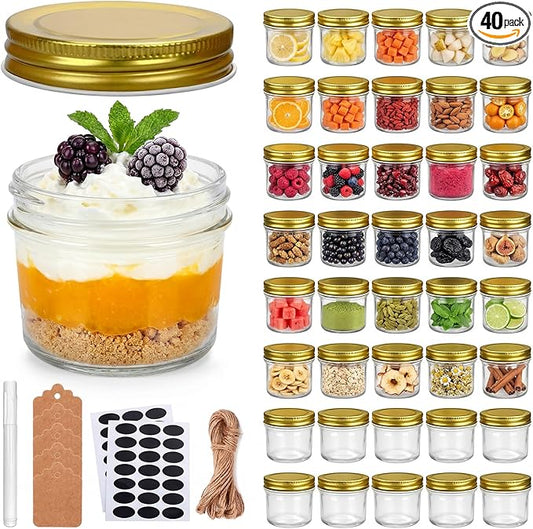 QAPPDA 4oz Glass Jars With Lids,Small Mason Jars Wide Mouth,Mini Canning Jars With Gold Lids For Honey,Jam,Jelly,Wedding Favor,Shower Favors,Spice Jars For Kitchen Storage & Home,Set of 40 by QAPPDA