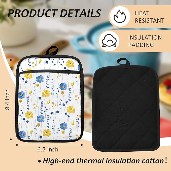 Blue and Yellow Floral Oven Mitts Set, Blue Flower Floral Heat Resistant Kitchen Oven Gloves for Baking and Cooking,Pot Holders - Image 2
