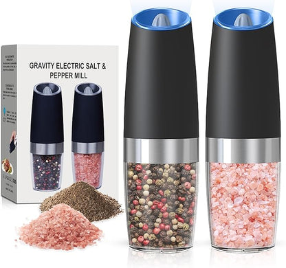 Battery Operated Salt And Pepper Grinder Set with LED Light, Automatic Electric Gravity Salt And Pepper Shakers Set, Each 6 AAA Batteries Needed, Adjustable Roughness, 2 Pack (Black) by Unknown