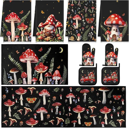 Fourluoo 10 Pcs Kitchen Dish Towels Rugs Oven Mitts and Pot Holders Set Farmhouse Kitchen Decor Set for Women Mom Daughter Gift Cooking Baking Grilling(Dark Colors,Mushroom)