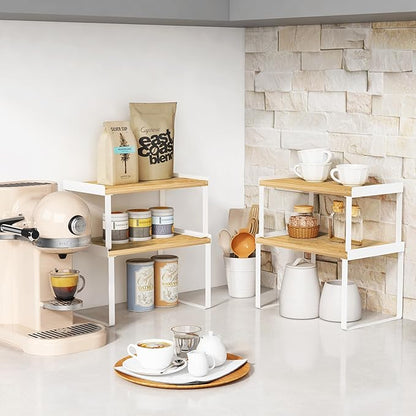 Goozii Kitchen Cabinet Organizer Set of 4, Desk Shelf Riser, Stackable Cabinet Pantry Cupboard Organizer, Kitchen Counter top Shelf, Storage Rack for Spices, Plates, Bamboo Wood, White