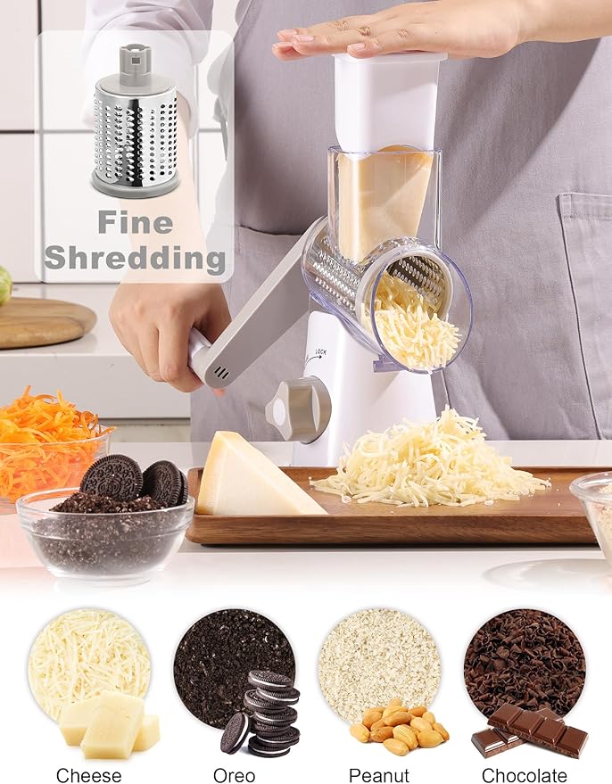 Cheese Grater Rotary, Rotary Grater for Kitchen, Kitchen Grater Vegetable Slicer with 3 Drum Blades, Fast Cutting Cheese Shredder for Vegetables and Nuts - Image 4