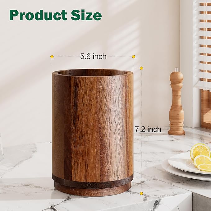 Utensil Holder, Acacia Wood Kitchen Utensil Holder for Countertop, 360°Rotating Cooking Utensil Crock for Kitchen Counter, 7.2" Large Utensil Organizer for Spatula - Image 2