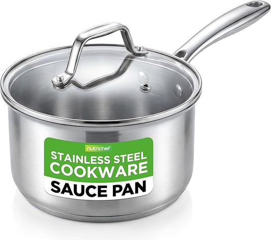 NutriChef 2-Quart Stainless Steel Saucepan - 18/8 Food Grade Heavy Duty Cookware, Sauce Pot, Stew Pot, Simmering Pot Kitchenware w/See Through Lid, Dishwasher Safe, For Induction Gas Ceramic Cooktops