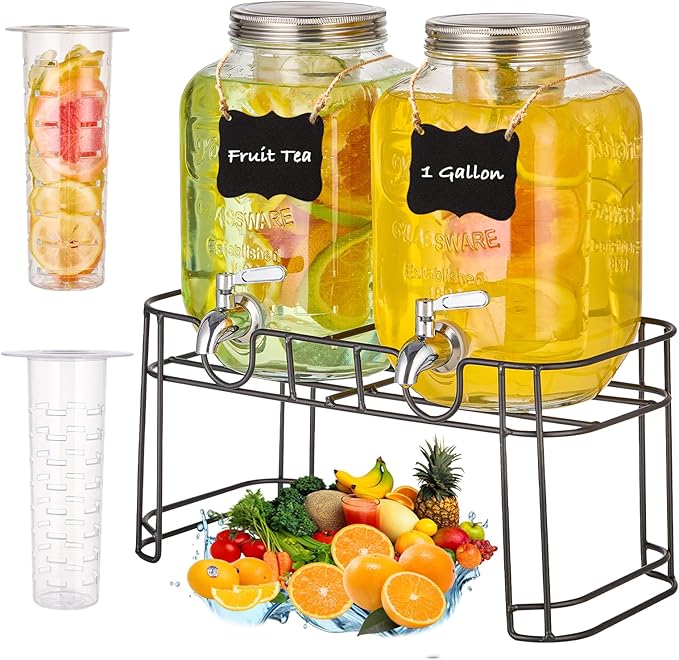 1 Gallon Glass Drink Dispensers for Parties, 2PACK Beverage Dispenser with Stand, Fruit Infuser and Stainless Steel Spigot 100% Leakproof, Beverage Dispenser for Lemonade Sun Tea by Unknown