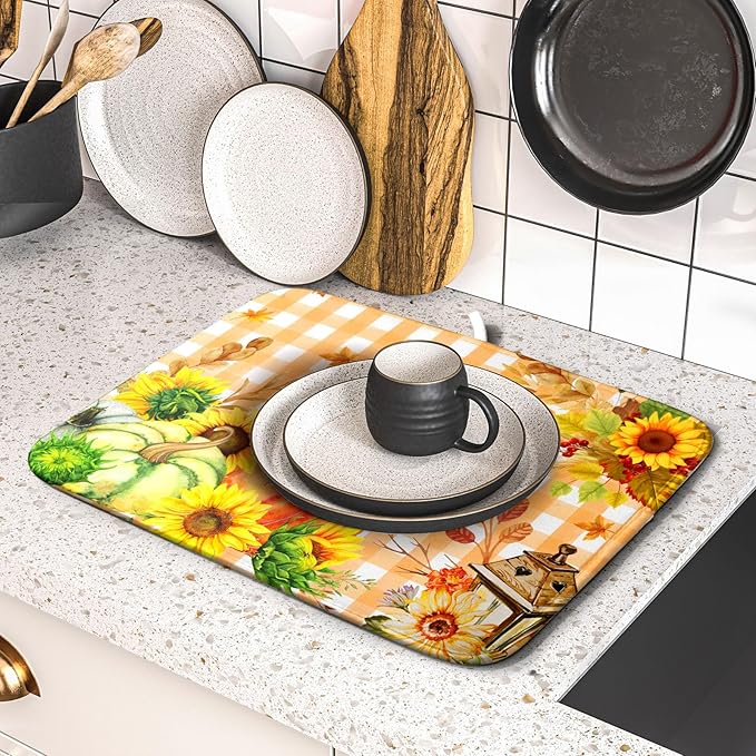 Autumn Maple Leaf Orange White Check Plaids Dish Drying Mat for Kitchen Counter,Fall Sunflower Pumpkin Drying Mat 16 x 18 Inch with Absorbent Reversible Microfiber Dish Drying Pad for Coffee Bar - Image 5