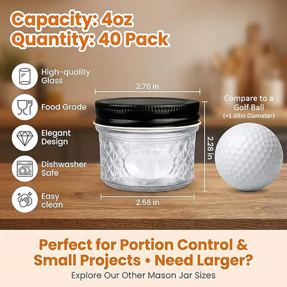 4 oz Glass Jars With Lids (Black), 40 Pack Small Clear Mason Jars and Diamond appearance, Small Spice Canning Jars for Spice, Honey, Jam, Caviar, Candle Making, Wedding Favors & Kitchen Storage - Image 2