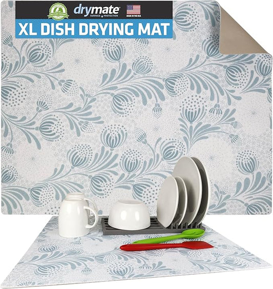 Drymate Jumbo XL Dish Drying Mat (19”x24”), Low-Profile, Super Absorbent, Quick Dry Fabric, Waterproof & Slip-Resistant, for Kitchen Counter, Trimmable, Easy to Clean (USA Made)(Light Blue) by Drymate