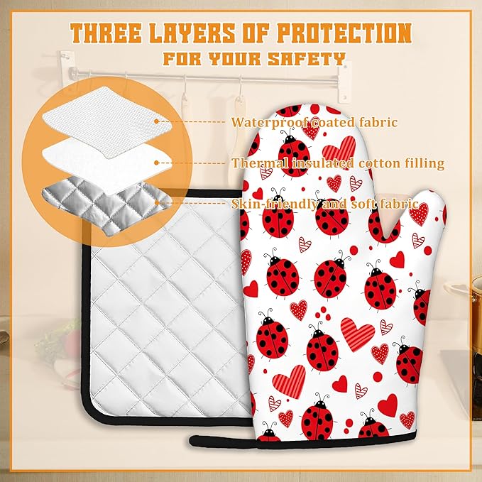 Cute Ladybug Oven Mitts and Pot Holders,Red Heart Heat Resistant Oven Mitts Gloves and Pot Holder for Home Kitchen Decorations Cooking Baking BBQ Gifts,Set of 4