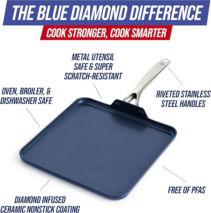 Blue Diamond 11" Nonstick Square Griddle Pan, Non Toxic PFAS-Free Diamond Ceramic, Dishwasher & Oven Safe, Even Heating, Metal Utensil Safe, Warp Control, Blue - Image 4