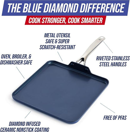 Blue Diamond 11" Nonstick Square Griddle Pan, Non Toxic PFAS-Free Diamond Ceramic, Dishwasher & Oven Safe, Even Heating, Metal Utensil Safe, Warp Control, Blue - Image 4