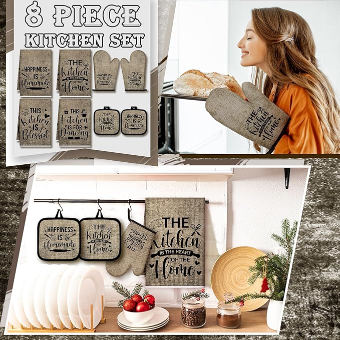 Leinuosen 8 Pcs Kitchen Towels and Oven Mitts Sets Pot Holders Dishcloths Set Kitchen Decorative Accessories Absorbent Potholders Heat Resistant for Chef Baking Cooking - Image 2