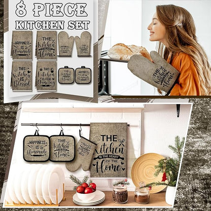 Leinuosen 8 Pcs Kitchen Towels and Oven Mitts Sets Pot Holders Dishcloths Set Kitchen Decorative Accessories Absorbent Potholders Heat Resistant for Chef Baking Cooking - Image 2