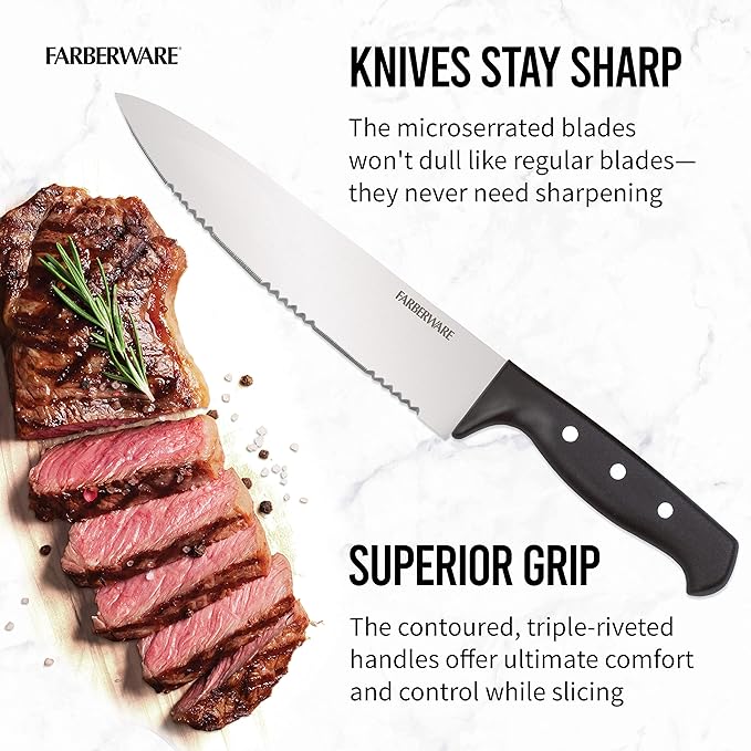 Farberware 22-Piece Never Needs Sharpening Triple Rivet High-Carbon Stainless Steel Knife Block and Kitchen Tool Set, Black, Durable AND Precision Cutlery - Image 3