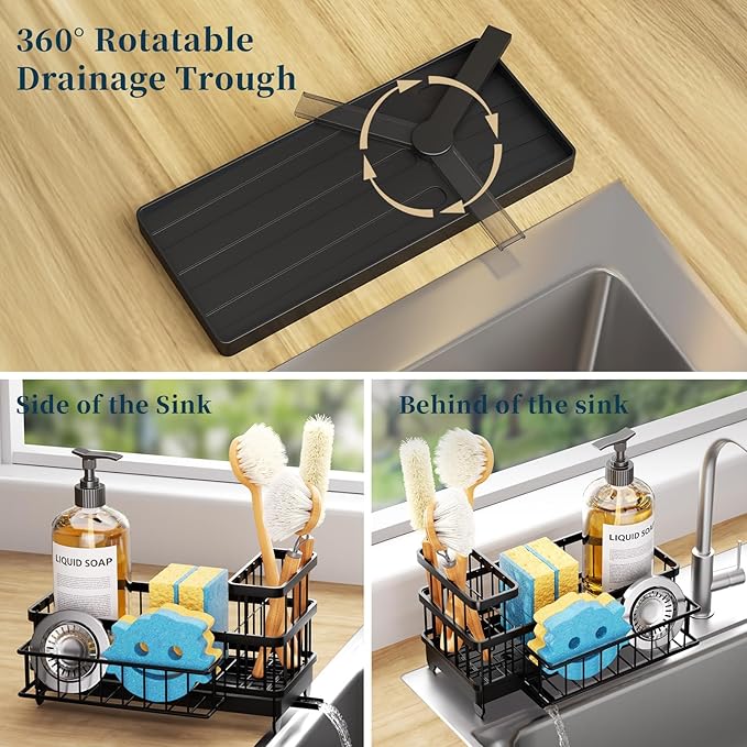 Consumest Sponge Holder for Kitchen Sink - Auto Draining Sink Caddy Organizer with Detachable Rack, High Brush Holder, Kitchen Countertop Storage Accessories, Black - Image 2