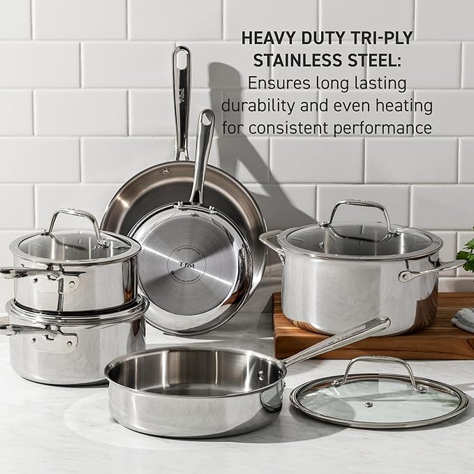 T-Fal Pro Tri-Ply Stainless Steel Large Dutch Oven Pot with Lid, 6 Quart Induction Pot, Oven Safe 500F, Lid 350F, Fast & Even Heat, Professional Quality & Durability, Silver - Image 2