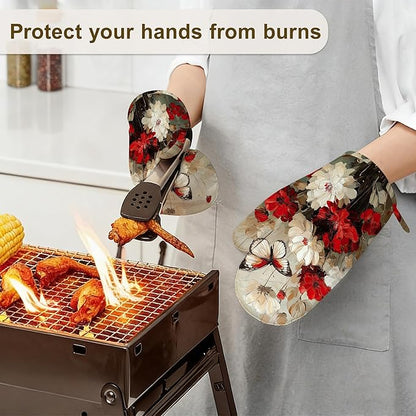 Oven Mitts and Pot Holders White Red Flower Silicone Kitchen Accessories Set of 4 Heat Resistant Gloves Butterfly Potholder Non-Slip Grip for Chef Cooking Baking Grilling BBQ