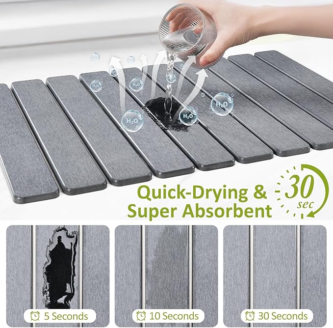 Large Stone Dish Drying Mat for Kitchen Counter, 24"(L)×16"(W), Collapsible Quick Dry Stone Dish Mats, Super Absorbent Diatomaceous Earth Drying Pad for Dishes Bottles Cups, Countertops (Light Grey) - Image 3
