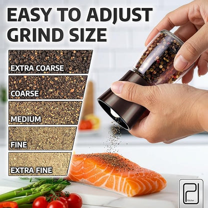 Premium Salt and Pepper Grinder Set with Bamboo Holder - 5 oz, Black Bronze Stainless Steel - S&P Spice Shakers - Refillable & Adjustable Coarseness Hand Mill for Spices & Seasonings - by PJC-Kitchen