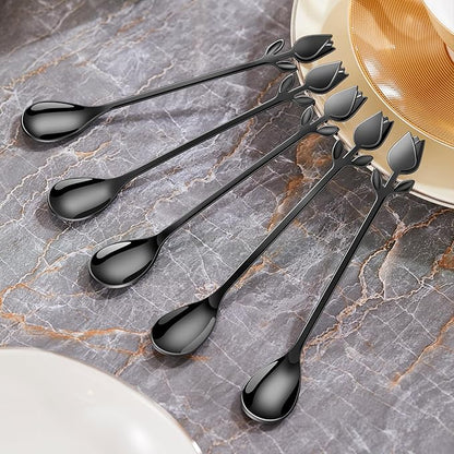 Black Tulip/Rose Handle 12-Pcs Mini Coffee Spoons Set - 6" Stainless Steel for Espresso, Tea, Dessert - Ideal for Demitasse & Small Servings - Image 5