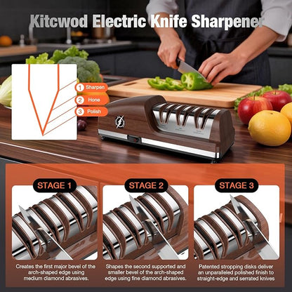 Replaceable Sharpener Electric Knife Sharpener, 3-Stage with 100% Diamond Abrasives & Precision Angle Guides, Kitchen Knife Sharpener with Sharpening and Polishing Function (Dark oak wood grain) - Image 8