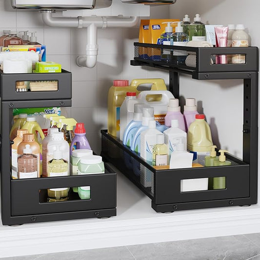2 Pack 19IN Depth Under Sink Storage Organizer, Large 2-Tier Elegant Mesh Pull Out Shelf for Kitchen and Bathroom Cabinet Organization, L-Shaped and Adjustable Height Design-Black by UnderSinkOrganizer