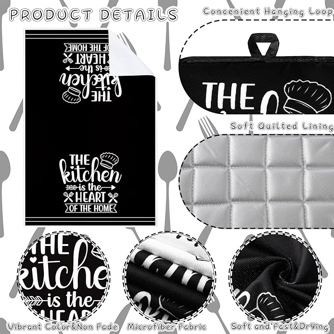 Sratte 6 Pcs Kitchen Decor Accessories Set Farmhouse Towels Pot Holders Oven Mitts Set 2 Dish Towels 2 Potholders 2 Cooking Mittens Oven Glove for Christmas Baking Cooking Supply(White,Kitchen) - Image 5