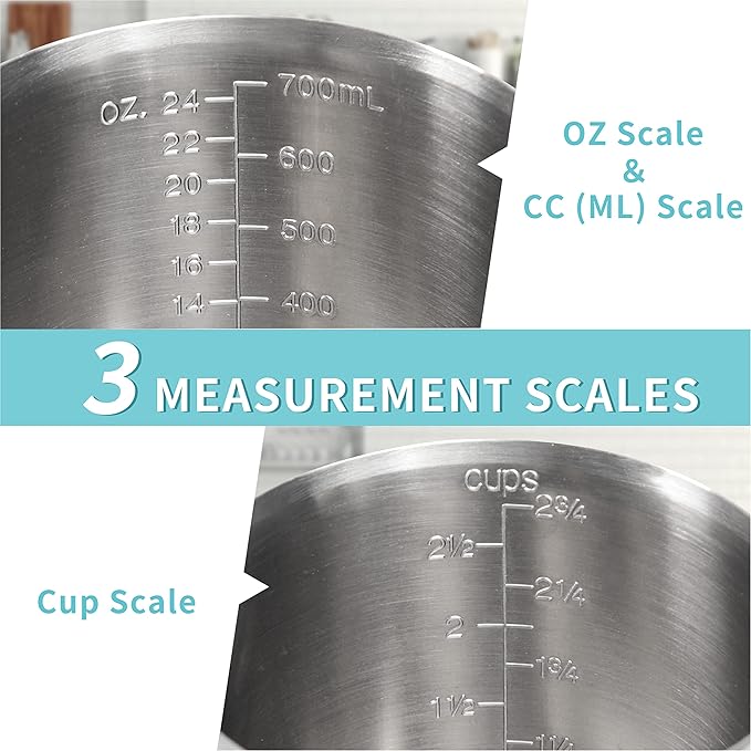 Measuring Cup, [Upgraded, 3 Measurement Scales, Including Cup Scale, ML Scale, Ounce Scale], Newness Stainless Steel Measuring Cup with Marking with Handle, 24 Ounces (0.7 Liter, 3 Cup) (Pack of 2) - Image 2