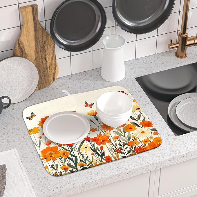 Fall Orange Wildflower Dish Drying Mat for Kitchen Counter,Autumn Floral Butterflies Drying Mat 16 x 18 Inch with Absorbent Reversible Microfiber Dish Drying Pad Dish Pad for Coffee Bar - Image 6