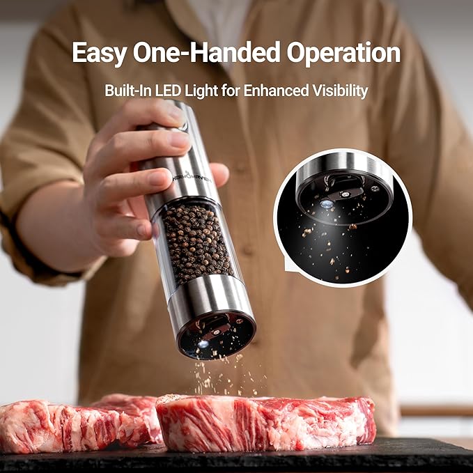ThermoMaven Electric Salt and Pepper Grinder Set, 110ml Larger Rechargeable Automatic Salt and Pepper Mill Grinder with 6 Adjustable Coarseness, Electric Salt and Pepper Shakers, LED, Greige - Image 2