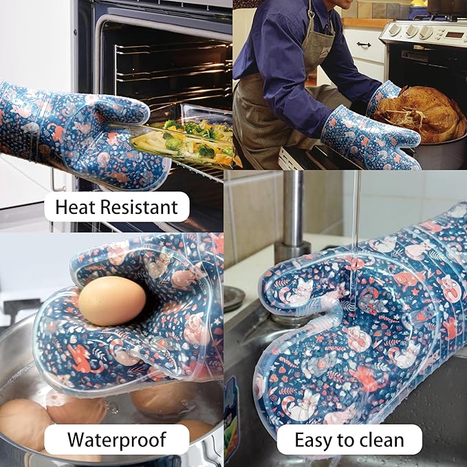 Oven Mitts Set of 2 with Transparent Clear Silicone Shell and Nice cat Printing Cotton Lining, Heat Resistant to 500 F Kitchen Oven Gloves Pot Holder for Cooking (Navy, Cat, Oven Mitts) - Image 5