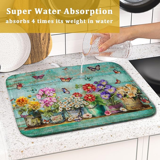 Flower Dish Drying Mat for Kitchen Counter 16x18 Inch Rustic Vintage Microfiber Absorbent Dishes Drainer Mats - Image 7