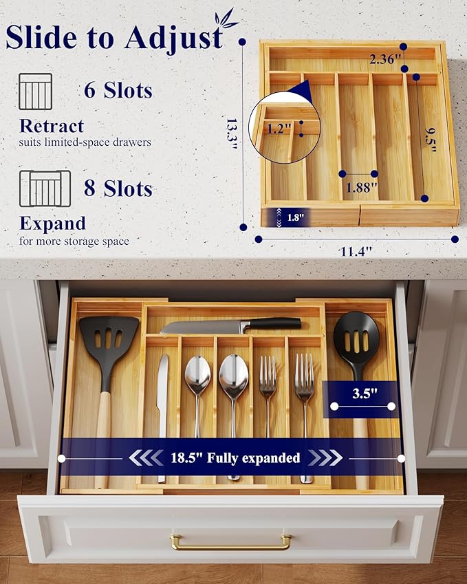 Kitsure Silverware Organizer - Expandable Bamboo Kitchen Drawer Organizer for Cooking Utensils and Cutlery, Sturdy & Thickened Kitchen Organizers and Storage Solution, Large, Natural - Image 3