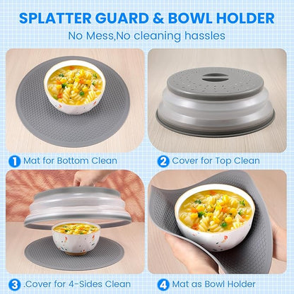Microwave Cover for Food and Silicone Mat Collapsible Microwave Splatter Cover, Microwave Plate & Dish Cover with Easy Grip Handle, BPA-Free, 10.5” Cover&12.2” Mat, Dishwasher Safe (Grey) - Image 4